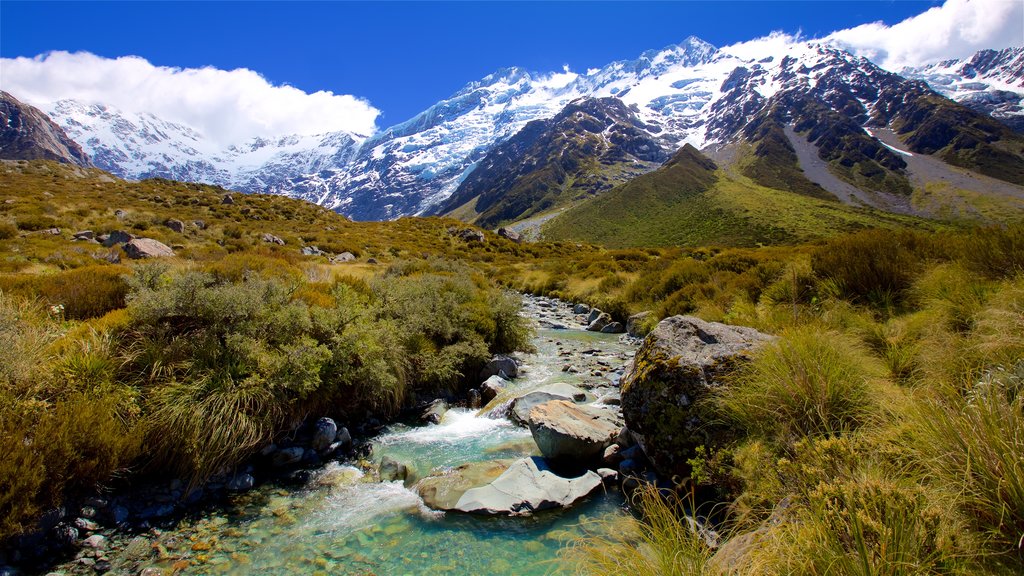 Mount Cook National Park showing a river or creek, tranquil scenes and snow