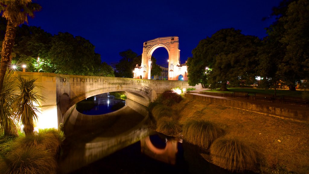 Bridge of Remembrance showing night scenes, heritage elements and a river or creek