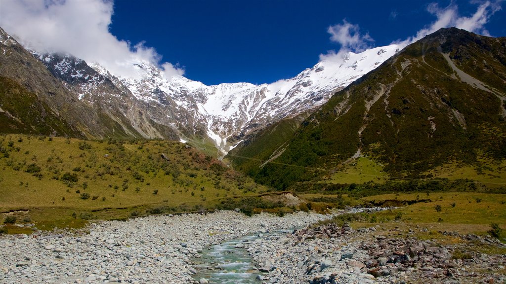 Mount Cook National Park which includes mountains, tranquil scenes and a river or creek