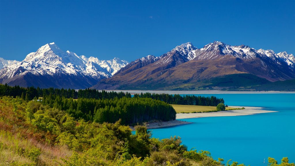 Mount Cook Nationaal Park inclusief bergen, sneeuw en een meer of poel