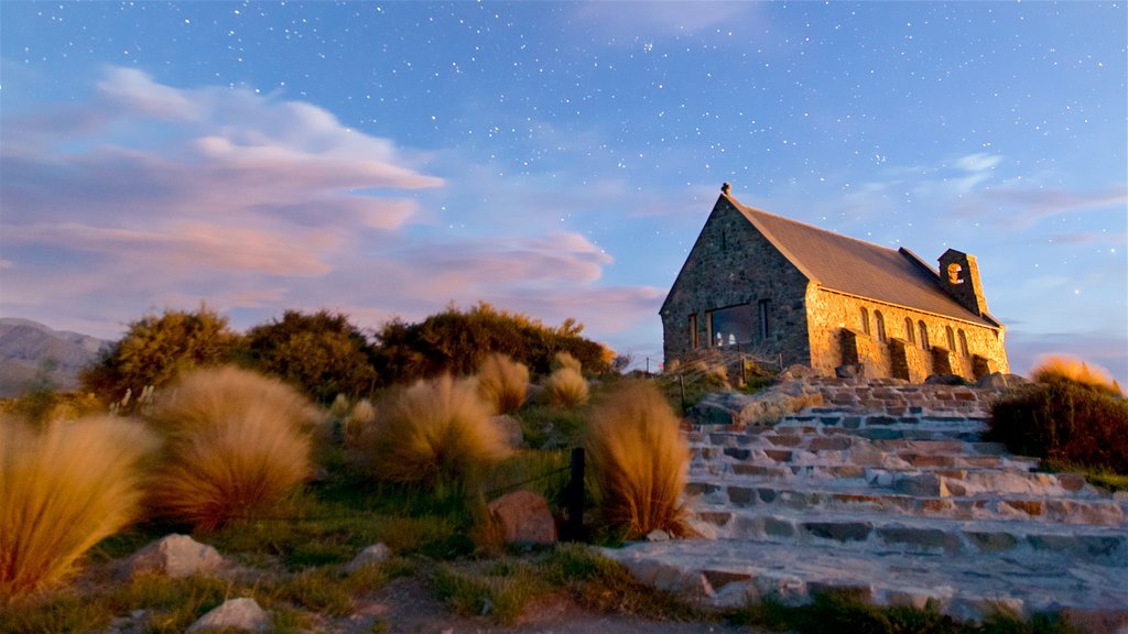 Church of the Good Shepherd which includes night scenes, a church or cathedral and a sunset