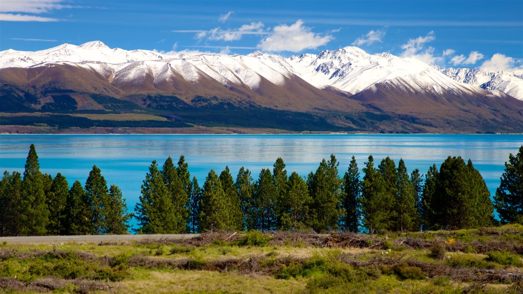 Lake Pukaki featuring a lake or waterhole, mountains and tranquil scenes