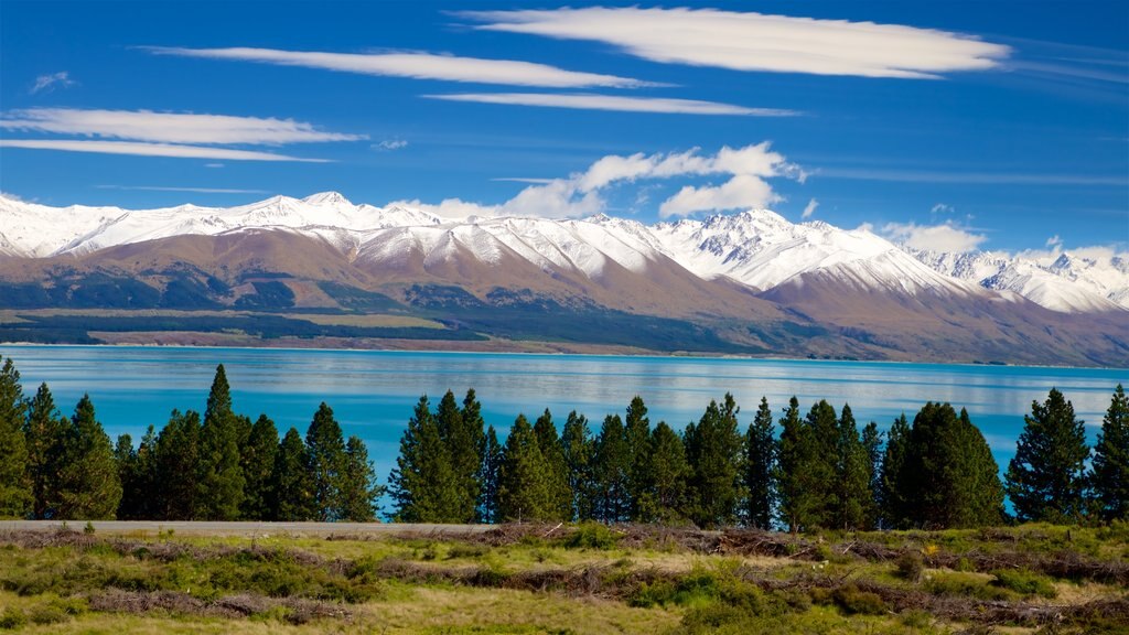 Lake Pukaki showing a lake or waterhole, mountains and tranquil scenes