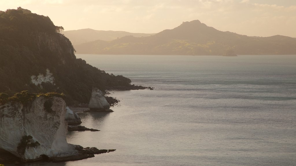 Whitianga que inclui litoral rochoso, paisagens litorâneas e um pôr do sol