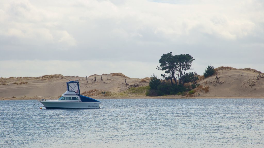 Mangawhai Heads que incluye paseos en lancha, una bahía o puerto y una playa de arena