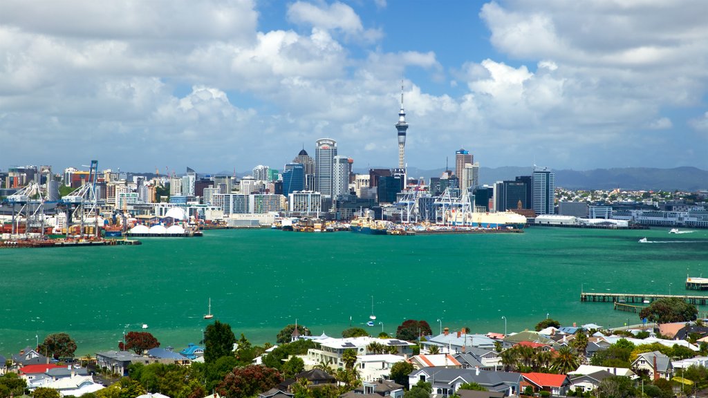 Mount Victoria showing a city, a river or creek and a bay or harbour