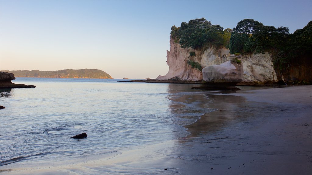 Cathedral Cove Beach mostrando vistas generales de la costa, una playa y una puesta de sol