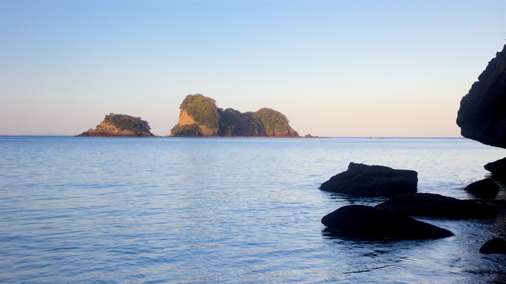 Cathedral Cove Beach mostrando um pôr do sol, litoral acidentado e paisagens da ilha