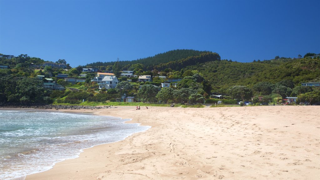 Hot Water Beach which includes general coastal views, a sandy beach and a coastal town