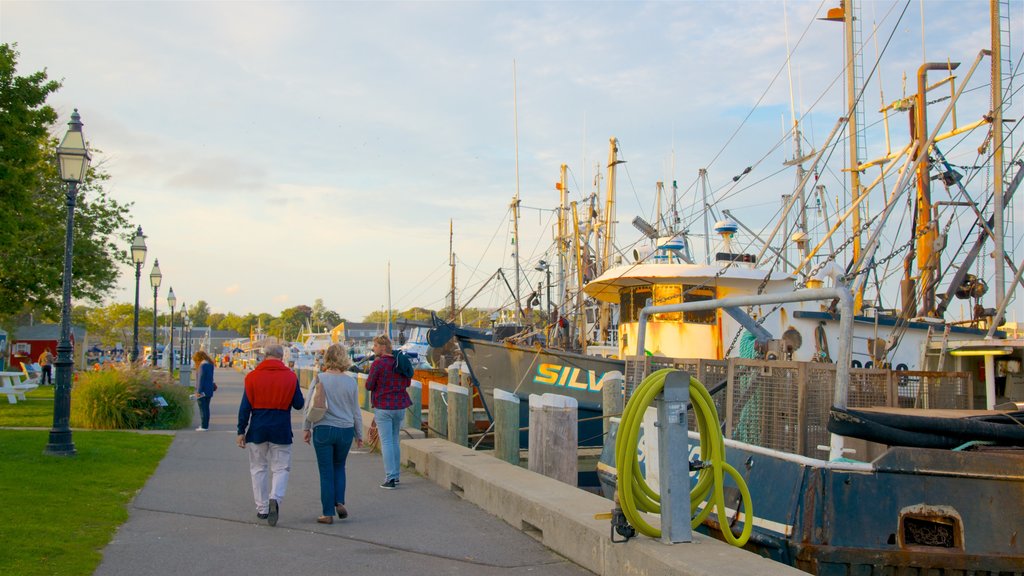 Hyannis Harbor showing a bay or harbour and a sunset as well as a small group of people