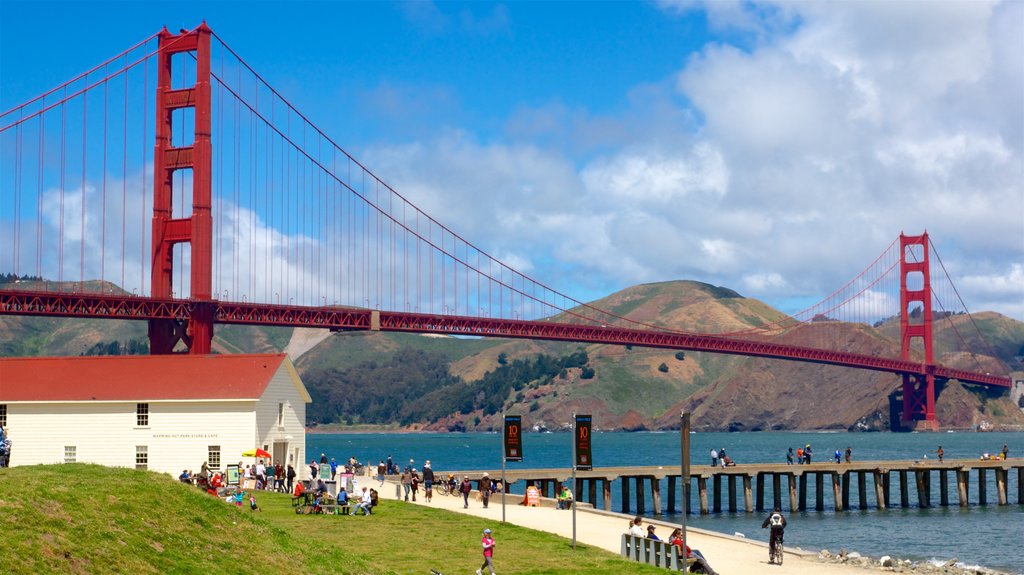 Golden Gate Bridge showing a bridge, a river or creek and a garden