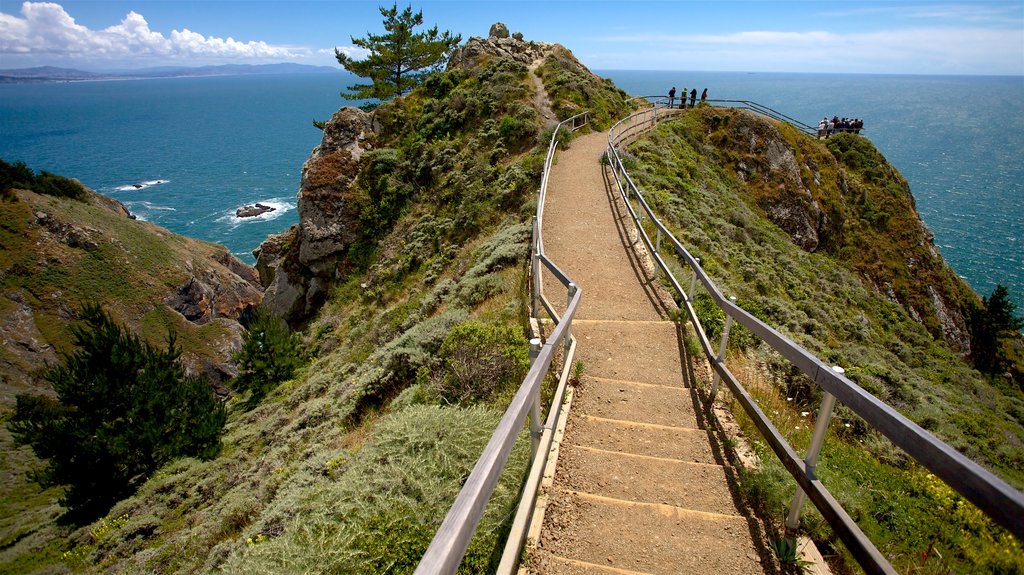 Muir Beach que inclui litoral rochoso, paisagens e paisagens litorâneas