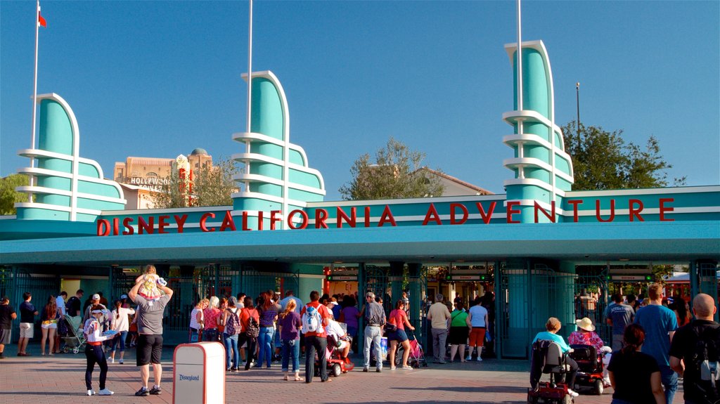 Disney California Adventure® Park which includes signage and rides as well as a small group of people