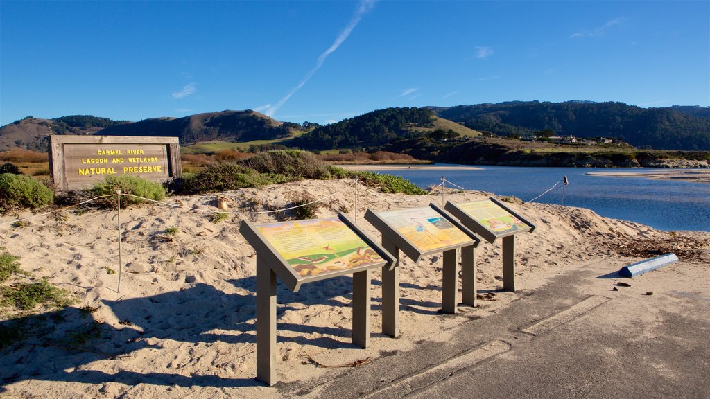 Carmel Beach which includes general coastal views, a beach and signage