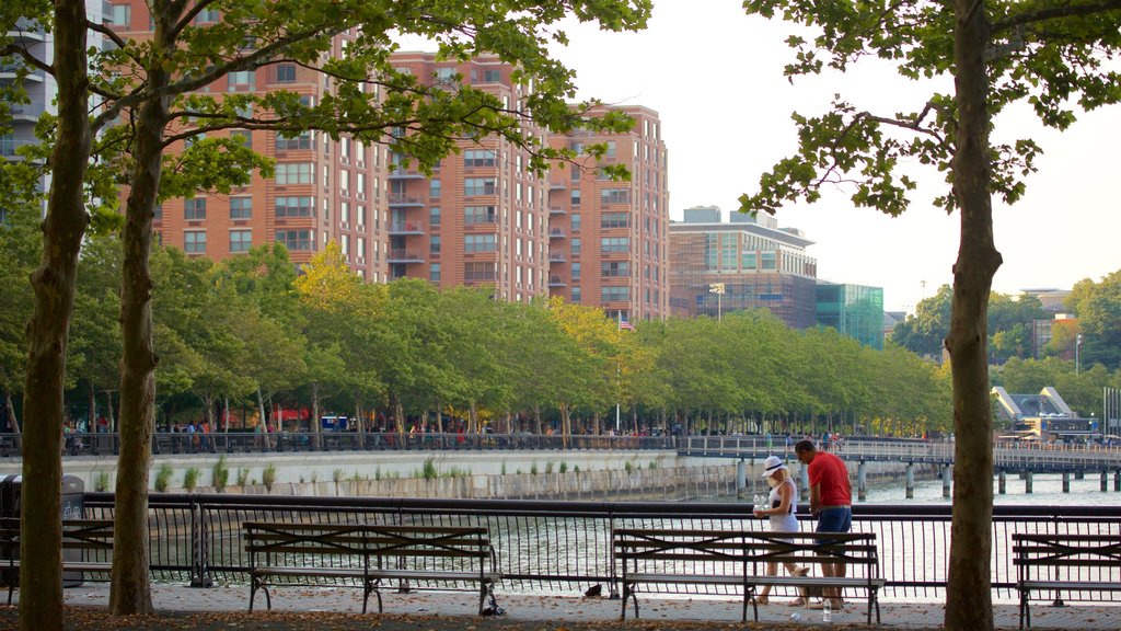 Hoboken Waterfront which includes a bay or harbor, a garden and a city