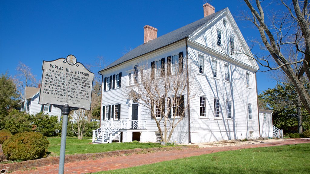 Poplar Hill Mansion which includes signage, a house and heritage elements