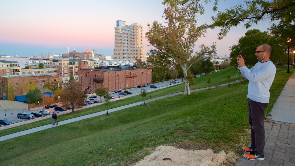 Federal Hill Park showing a sunset, a garden and a city