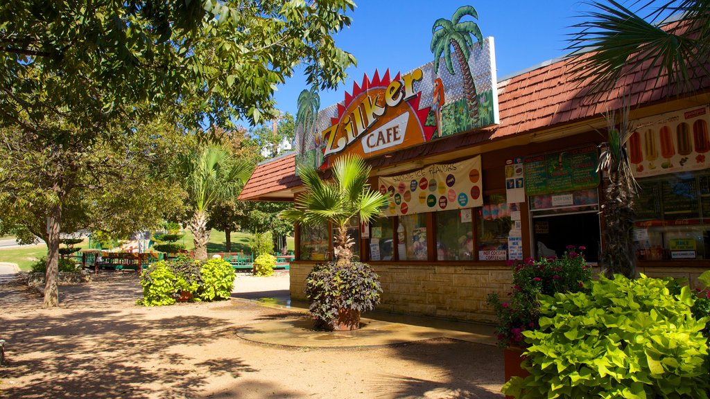 Zilker Park featuring signage and a garden