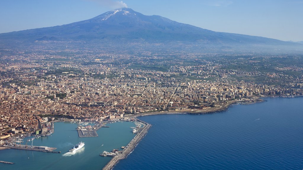 Mount Etna featuring general coastal views, landscape views and a city