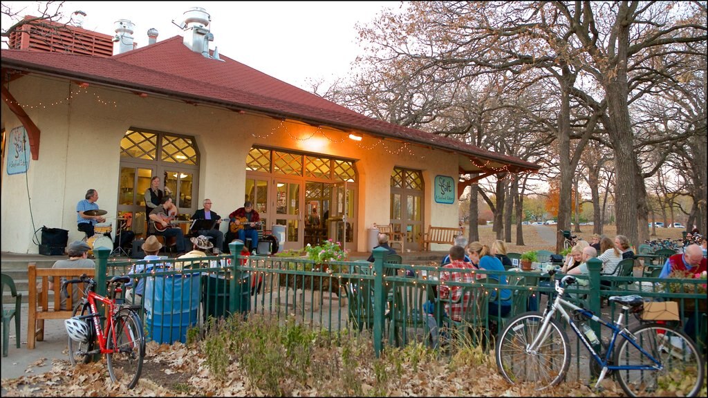 Minnehaha Park featuring performance art, outdoor eating and music