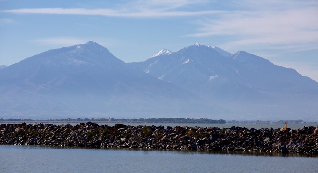 Utah Lake State Park showing mountains and a lake or waterhole