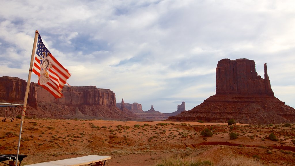 Monument Valley que incluye vista panorámica, vista al desierto y una garganta o cañón