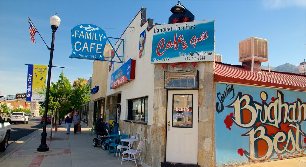 Brigham City featuring outdoor art and signage