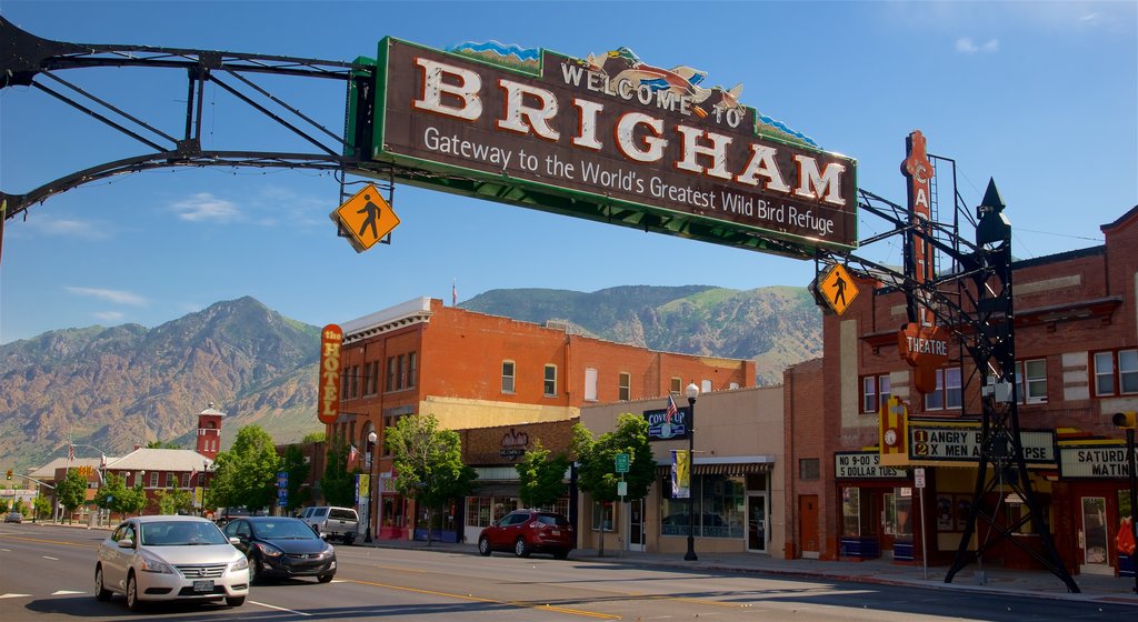 Brigham City which includes signage and a small town or village