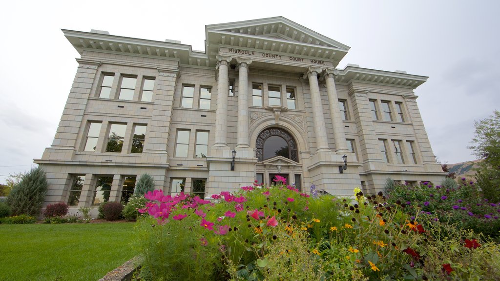 Missoula showing wildflowers, a park and heritage architecture