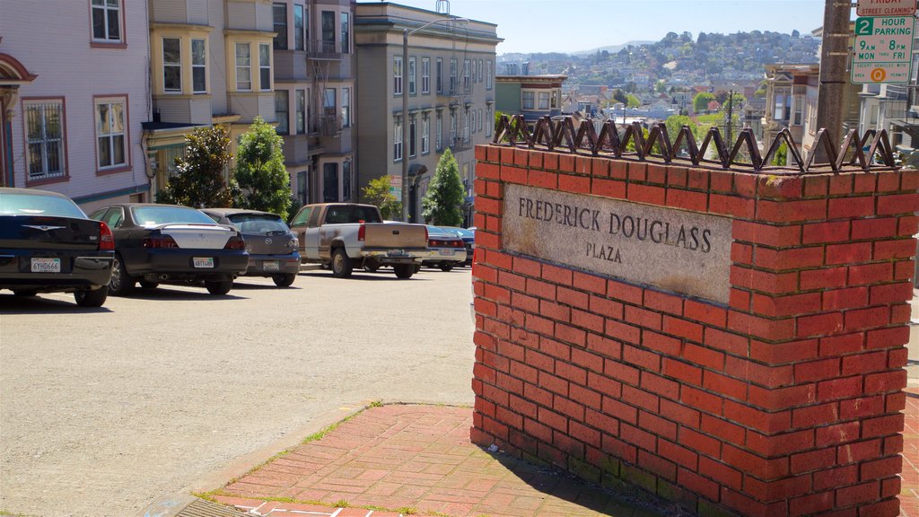 Alamo Square showing a city and signage