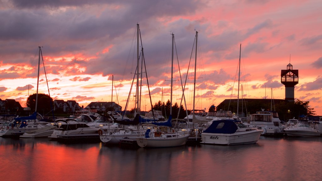 Erie showing a sunset and a bay or harbour