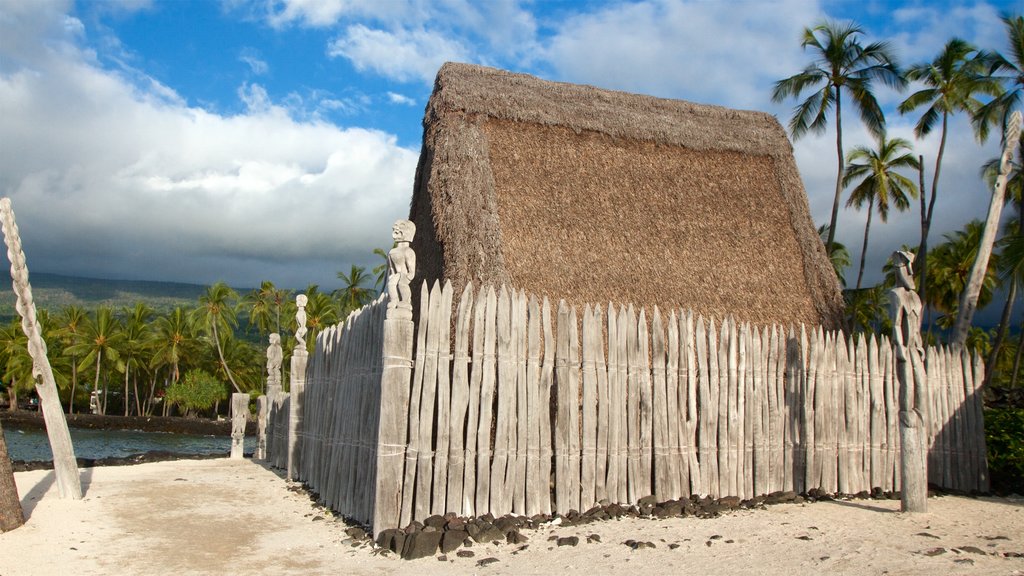 Nationaal-historisch park Pu\'uhonua o Honaunau bevat tropische uitzichten en algemene kustgezichten