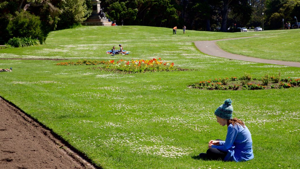 Conservatory of Flowers que incluye flores y un jardín y también un niño