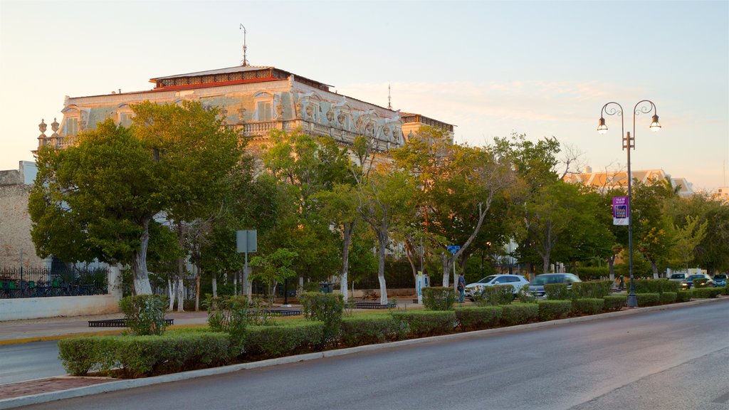 Paseo de Montejo mostrando un atardecer y jardín