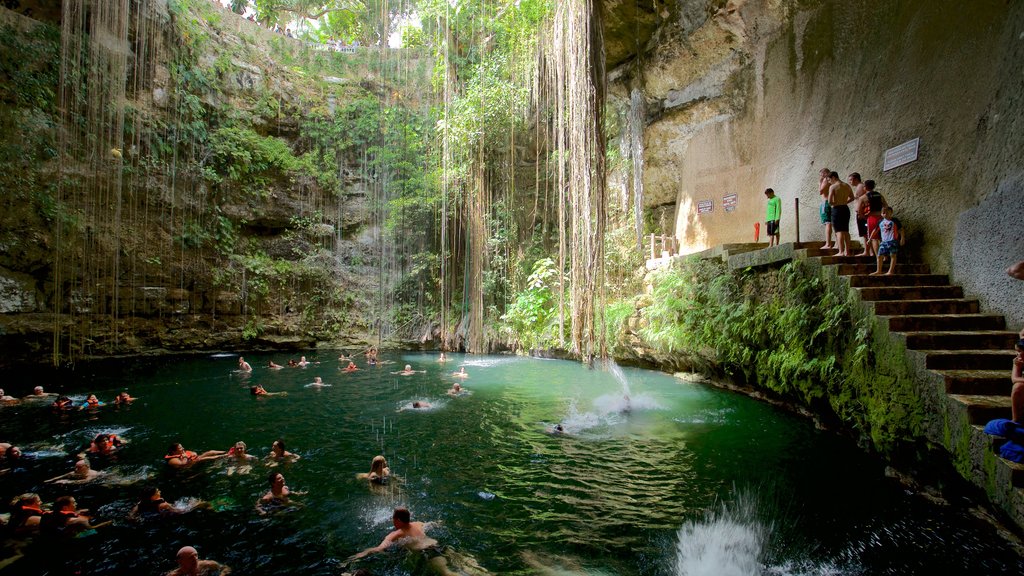 Cenote Ik kil ofreciendo natación y un lago o espejo de agua y también un pequeño grupo de personas