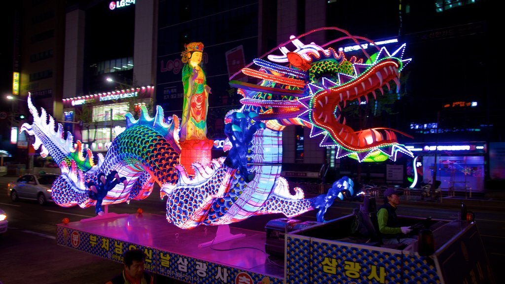 Busan City Centre which includes night scenes and outdoor art