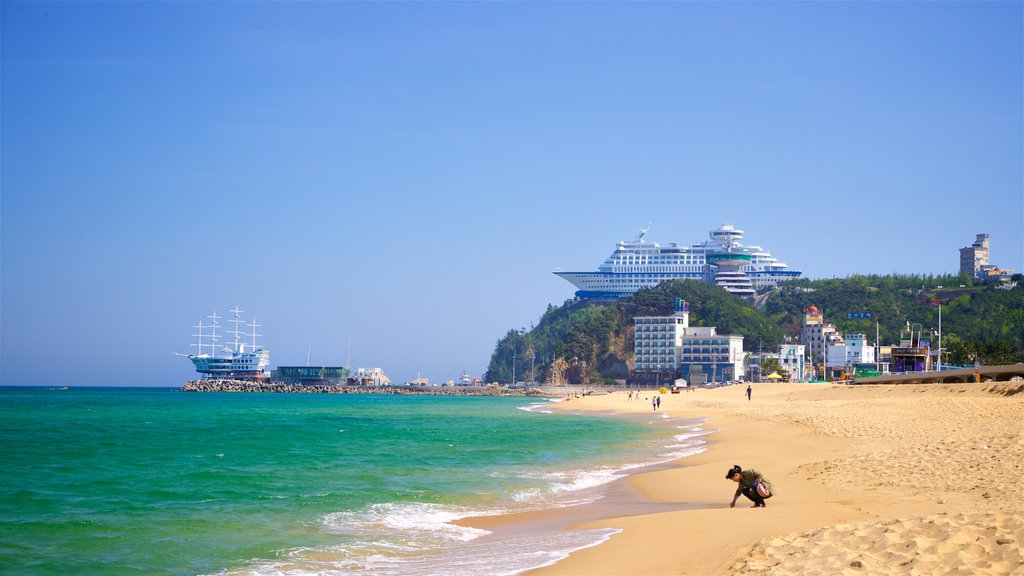 Playa de Jeongdongjin ofreciendo una ciudad costera, vistas generales de la costa y una playa