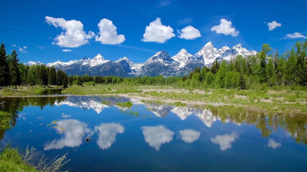 Aterragem de Schwabacher mostrando montanhas, um rio ou córrego e cenas tranquilas