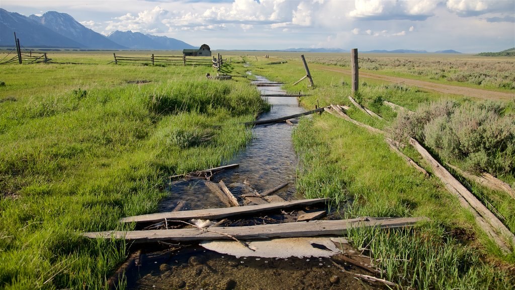 Distrito histórico de Mormon Row que incluye un río o arroyo, vistas de paisajes y escenas tranquilas