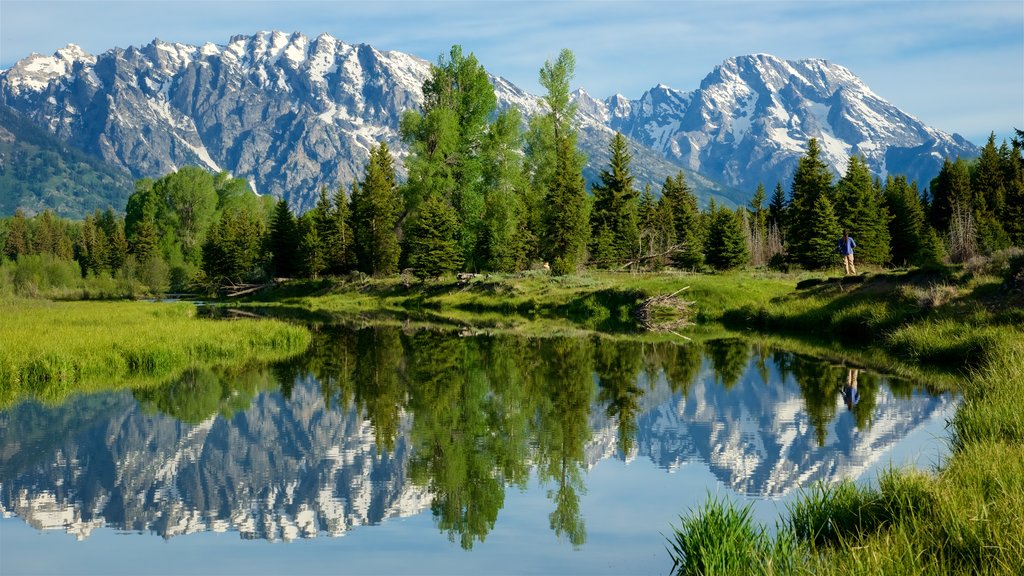 Schwabacher\'s Landing which includes tranquil scenes, a river or creek and mountains