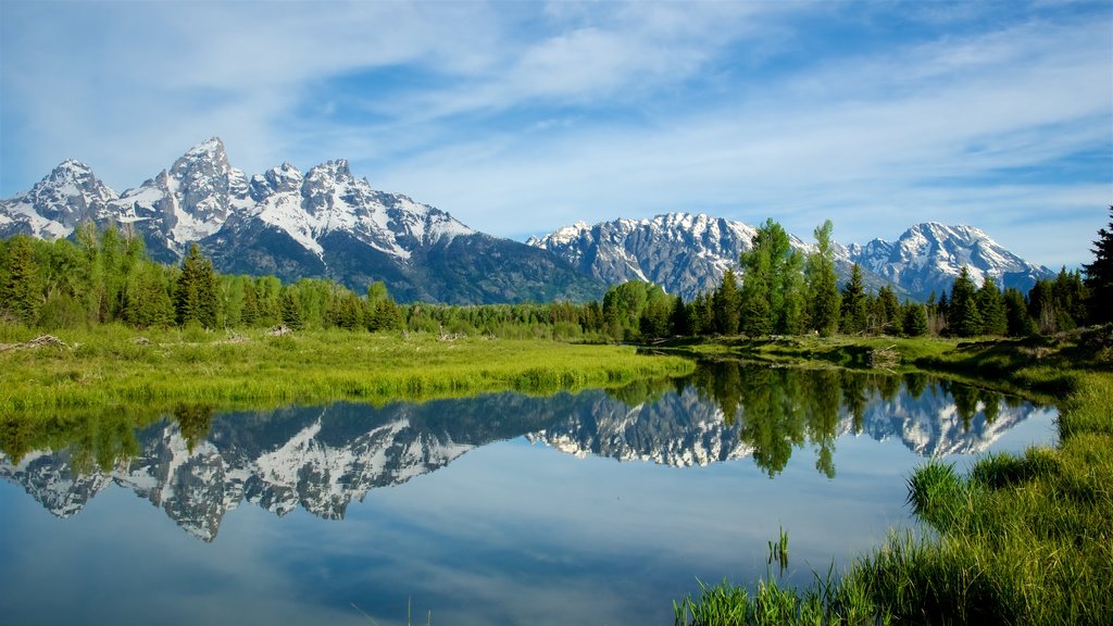 Embarcadero Schwabacher\'s Landing mostrando un río o arroyo, montañas y escenas tranquilas