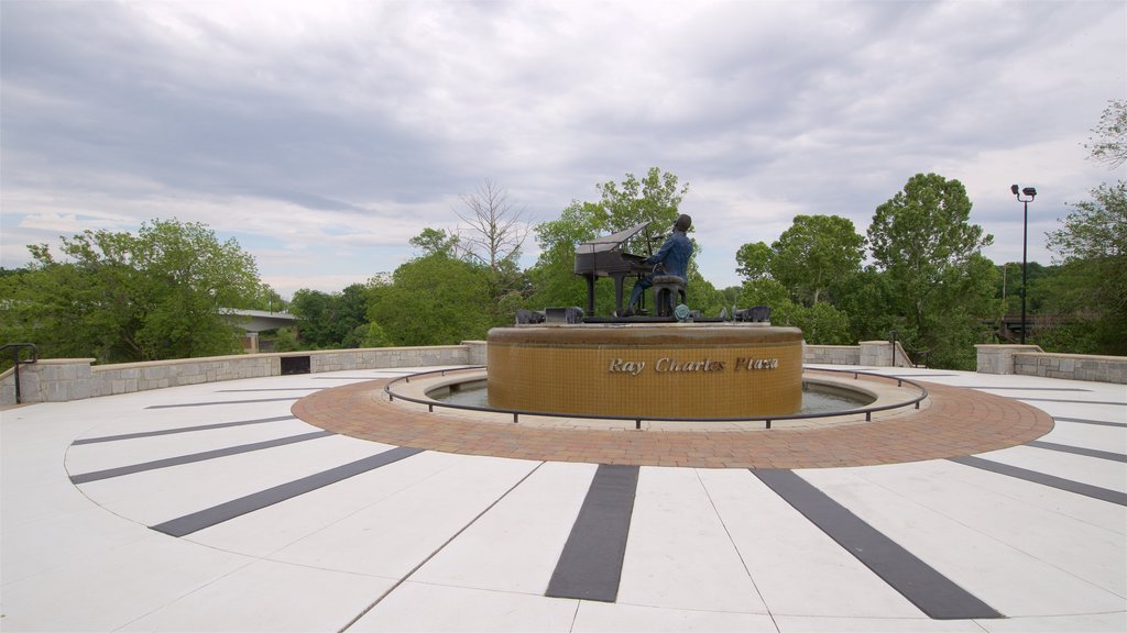 Ray Charles Plaza featuring a statue or sculpture and a fountain