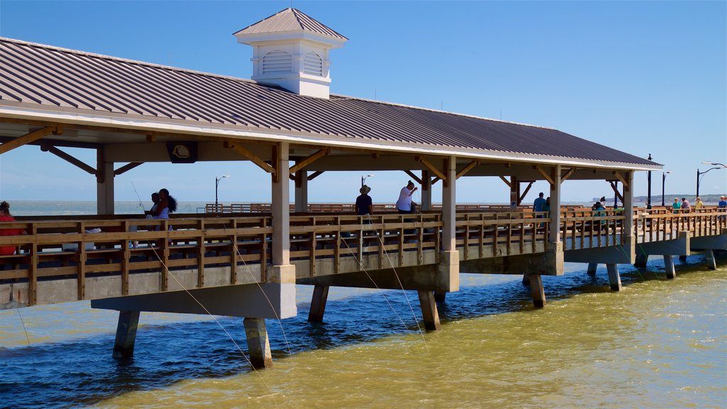 Pontile St. Simons Island Pier che include vista della costa e pesca cosi come un piccolo gruppo di persone