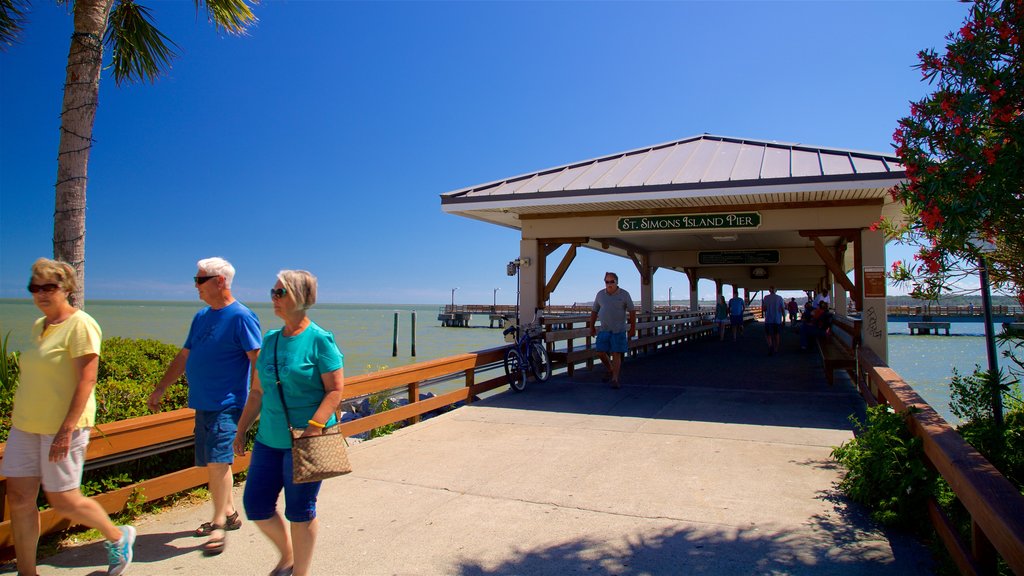 St. Simons Island Pier que incluye vista general a la costa y también un pequeño grupo de personas