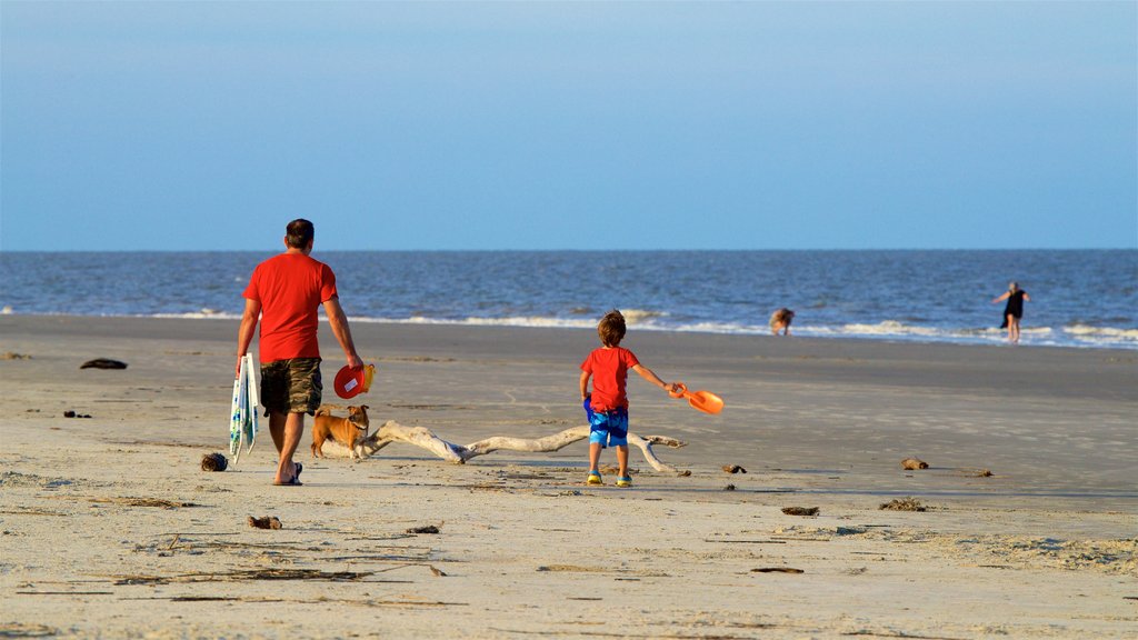 Great Dunes Park showing a sandy beach and general coastal views as well as a family