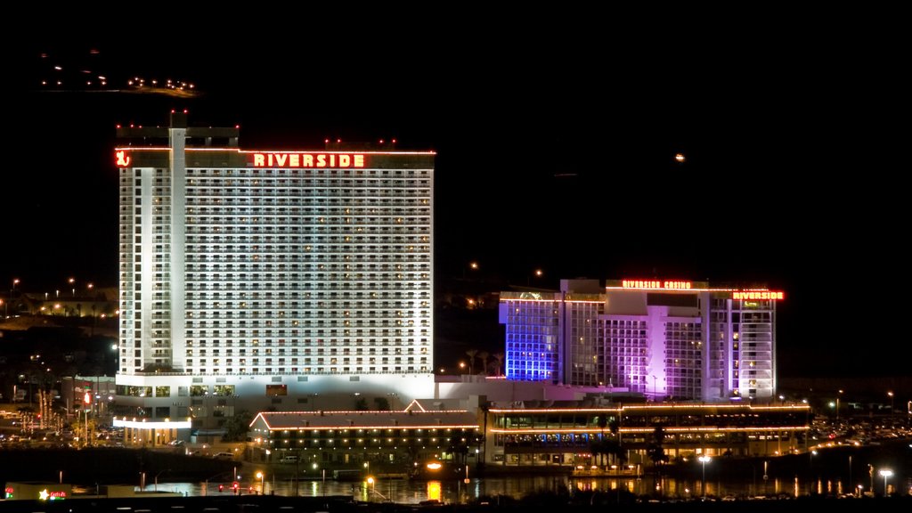 Laughlin which includes night scenes, a hotel and a city