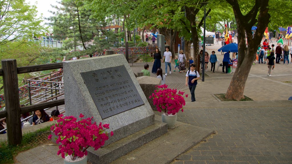 Namsan Park showing a park and wild flowers as well as a small group of people