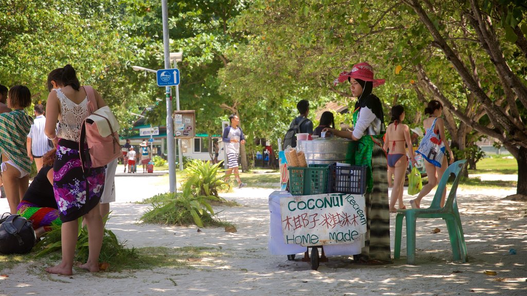 Ko Phi Phi mostrando un jardín, una playa de arena y señalización