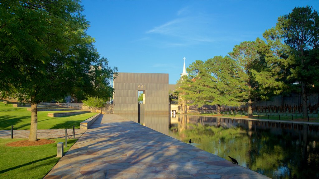 Oklahoma City National Memorial and Museum which includes a garden, a pond and heritage architecture