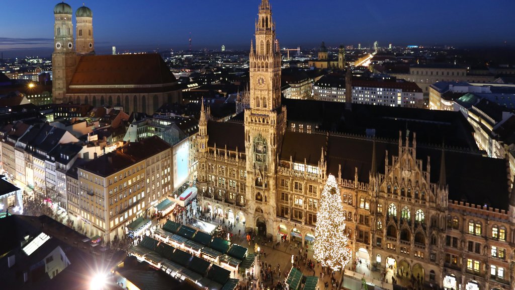 Church of Our Lady featuring heritage architecture, night scenes and a city